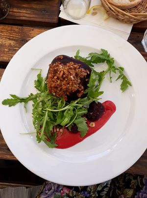 buckwheat stuffed beetroot with raspberry sauce and nuts at Zielony Talerzyk in Lublin