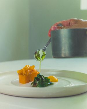 Squash, Buckwheat, Smoked Almond and Sorrel (Ve) £24
 at House of George W Davies in Broadway