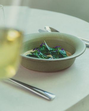 Leeks, Wild Herbs, Hazelnut, Pear (ve)
 at House of George W Davies in Broadway