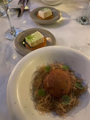 Potato ball on pear velouté, tofu (instead of paneer) with a curry sauce  at Amsterdam City Farm  in Amsterdam