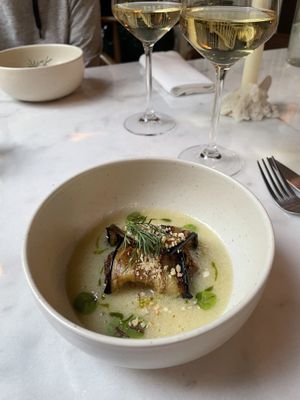 Aubergine filled with mushrooms, apple nectarrines  at Amsterdam City Farm  in Amsterdam