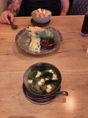 Miso soup, small pho, summer rollls at Mia Restaurant in Virginia