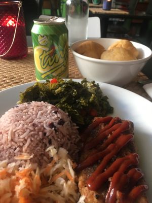 Dumplings, kale, jerk tofu, rice & peas 👌🏻 at Fi Real in Bristol