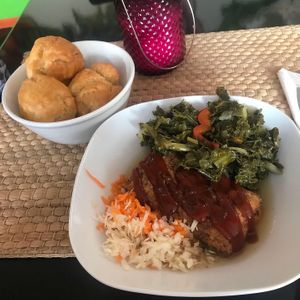 Jerk tofu, kale and dumplings  at Fi Real in Bristol