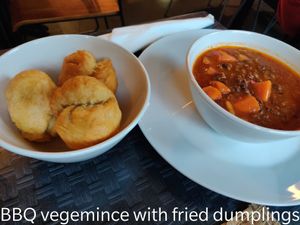 BBQ vegemince with fried dumplings at Fi Real in Bristol