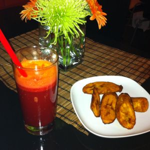 plantain and carrot and beetroot juice at Fi Real in Bristol