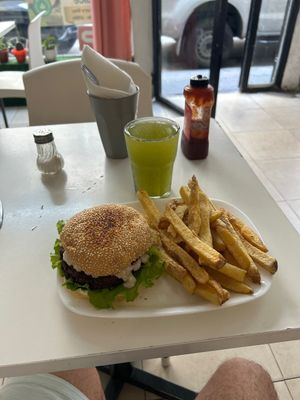 Soy burger with mushrooms and “veganaise"  at Konu Bar in Buenos Aires