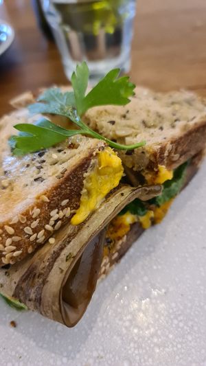 Vegan sandwich 'with the lot' - eggplant, pumpkin, spinach, cheese, zucchini at Dad and Dave's Cafe in Yarraville