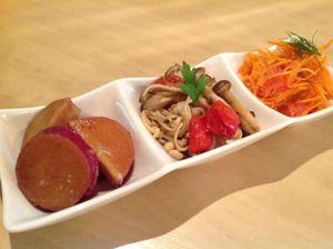 Sweet potato shimmered with wine, mushroom sauté and carrot rapee at Rejuve in Tokyo