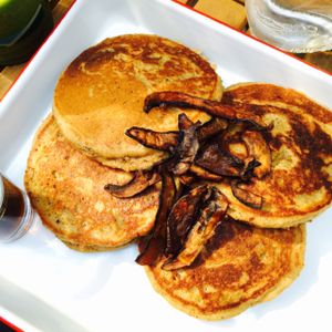 choc chip pancakes with mushroom bacon and maple syrup  at P.S. and Co. in Philadelphia