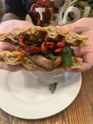 Inside shot of waffle Sammy Pepper & mushroom  at P.S. and Co. in Philadelphia