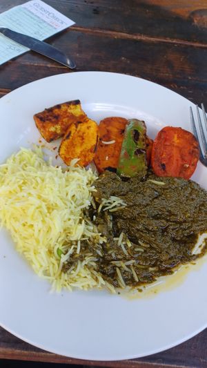 Mustard green saag (not on menu but fresh greens from the wners garden), grilled veggies, and saffron basmati rice at Avatar's in Sausalito