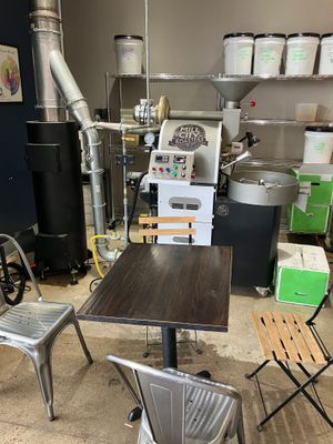 Coffee roasting area at Mugshots Coffee Company in Bloomington