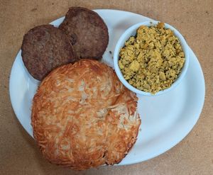 Classic Breakfast Platter with tofu, hash browns, and vegan sausage at Gravy in Portland