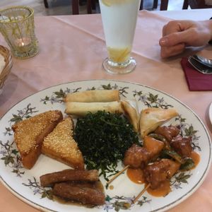 crispy combo platter and herbal tea at Lotus Plant Based Kitchen in Manchester