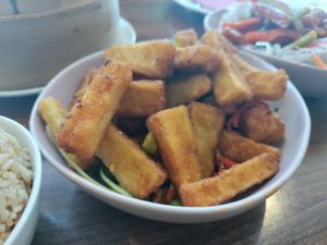 Salt and pepper eggplant at Lotus Plant Based Kitchen in Manchester