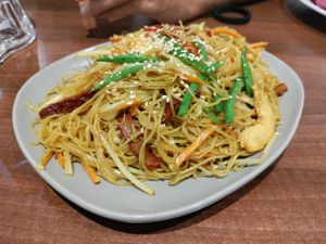 Singapore noodles with mock meats at Lotus Plant Based Kitchen in Manchester