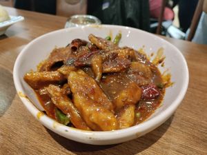 Beef with chili at Lotus Plant Based Kitchen in Manchester