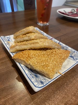 Sesame prawn toast   at Lotus Plant Based Kitchen in Manchester