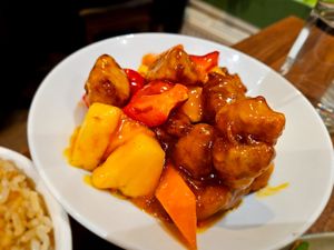 Sweet and sour chicken at Lotus Plant Based Kitchen in Manchester