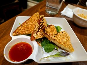 prawn toast at Lotus Plant Based Kitchen in Manchester