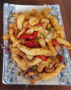 Salt & pepper chilli squid (B. Shimeji mushroom) at Lotus Plant Based Kitchen in Manchester