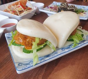 Satay beef bao buns at Lotus Plant Based Kitchen in Manchester