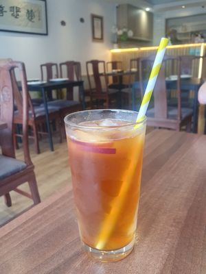 Peach iced tea at Lotus Plant Based Kitchen in Manchester