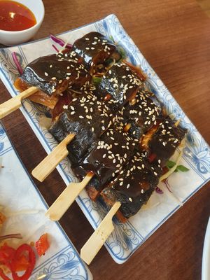 Roasted ell skewers at Lotus Plant Based Kitchen in Manchester