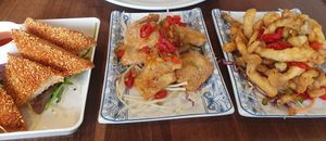 Sesame toast, salt & pepper pork ribs, salt & pepper chilli squid at Lotus Plant Based Kitchen in Manchester