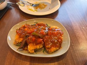 Spicy fried “fish” with green beans at Lotus Plant Based Kitchen in Manchester