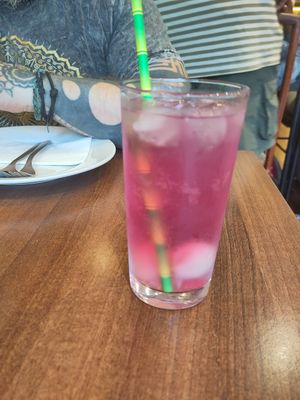 Lychee and raspberry juice at Lotus Plant Based Kitchen in Manchester