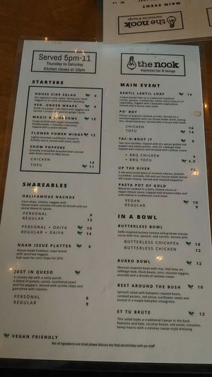 Menu. So many vegan options at The Nook on Gottingen in Halifax