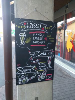 Sign advertising vegan lassi at Shanthi Indian and Sri Lankan Cuisine in Unterseen