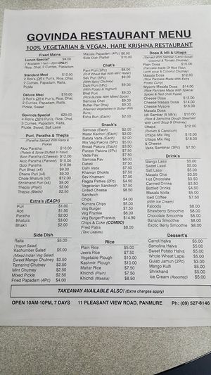 Menu at Govinda Restaurant in Auckland
