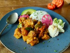 South Indian–inspired sambar curry served with an assortment of vibrant side dishes at PLANT KITCHEN TOKYO - プラントキッチン東京 in Tokyo