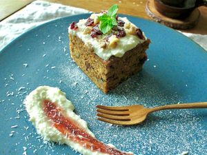 Daily vegan dessert — moist carrot cake with a light, creamy topping at PLANT KITCHEN TOKYO - プラントキッチン東京 in Tokyo