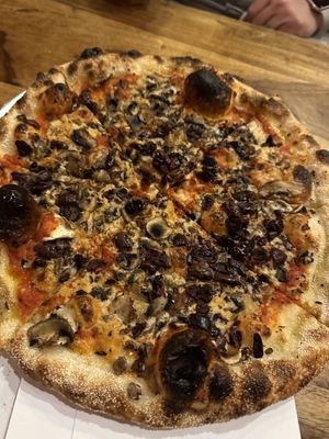 Mushroom olives pizza   at Hatool HaYarok - The Green Cat in Tel Aviv