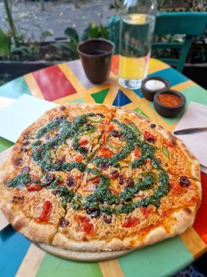 Pizza with Pesto at Hatool HaYarok - The Green Cat in Tel Aviv