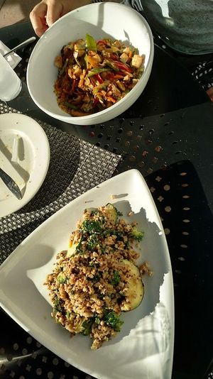 quinoa kale dish & tofu mushroom stirfry at Books and Books in Coral Gables