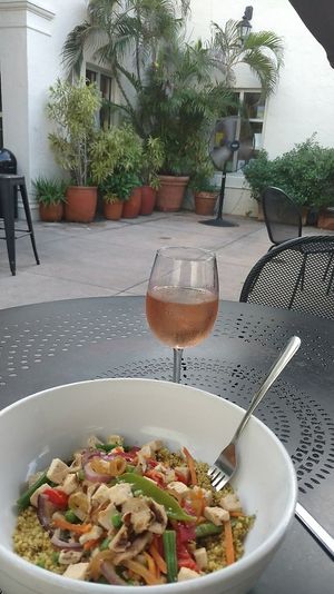 vegan food in the beautiful courtyard at Books and Books in Coral Gables