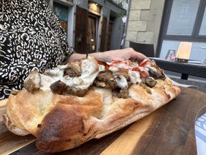 Pizza with mushrooms and veggies   at Storica Pizzeria Toscana all'Agnolo in Toscana