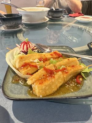 Spicy lemon tofu skewers  at New China Cottage in Ramsbottom