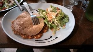 Vegan blini and salad at Le Petit Sherpa in Toulouse