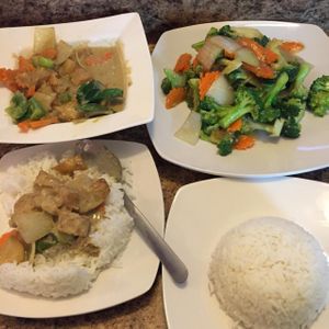 Potato curry and teriyaki broccoli -- both came with rice and all for meee :) at Sykamore Vegan House in Dallas