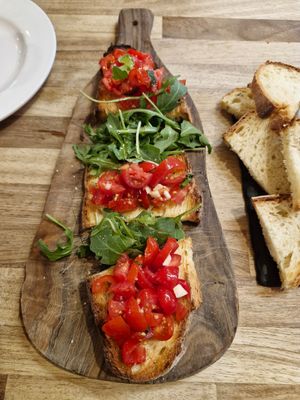 BRUSCHETTE POMODORO: cherry tomatoes, basil, olive oil at Casa Italia Wilmslow in England