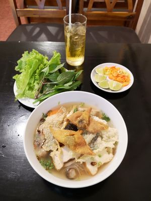 Hu Tiu My Tho, rice noodle soup with mushrooms, tofu, carrot, radish, wonton and peanuts. 50k including iced tea at Dieu Phap Chay in Ho Chi Minh City