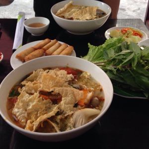 noodle soup and spring rolls at Dieu Phap Chay in Ho Chi Minh City