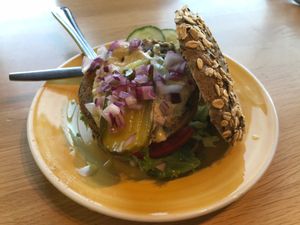 The Dutch Weed Burger on an Oathie bagel at Bagels & Beans - IJDok in Amsterdam