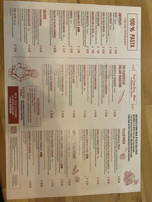 Menu with clearly marked vegan options  at 100% PASTA in Oxford